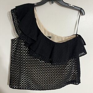NWT J.CREW Size 12 One-shoulder ruffle top in Eyelet Black Style G3395